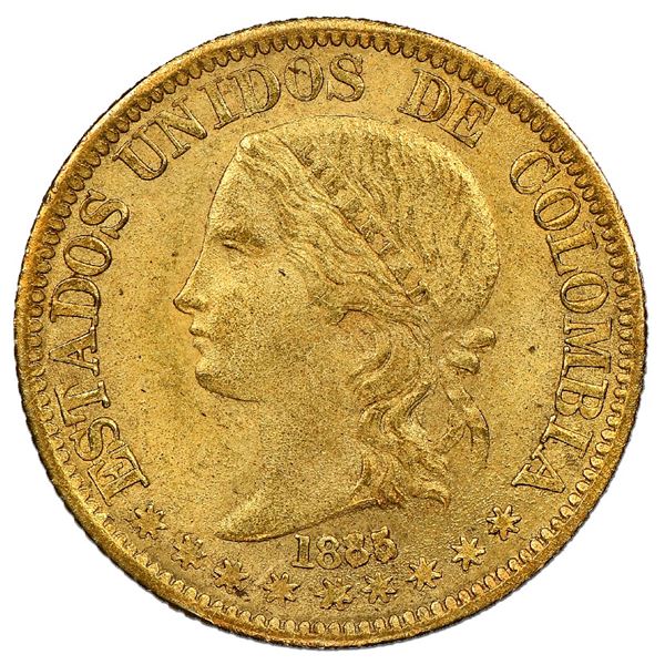 Medellin, Colombia, gold 5 pesos, 1885/74, fineness 0.666/0.900, very rare, NGC MS 63+, finest known