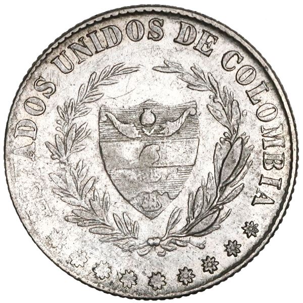 Bogota, Colombia, 2 decimos, 1865, rare, NGC AU 50, finest known in NGC census, Restrepo Plate.