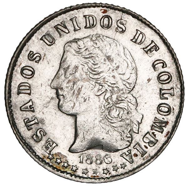 Medellin, Colombia, 10 centavos, 1886, GRAM and two stars in reverse legend, NGC UNC details / clean