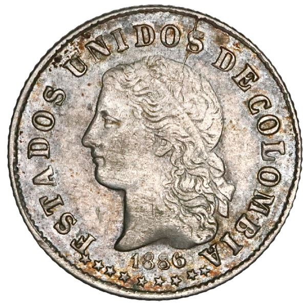 Medellin, Colombia, 10 centavos, 1886, GRA and three stars in reverse legend, NGC AU 55 ("top pop"),