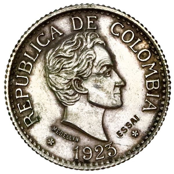 Silver specimen pattern (essai) struck in France for Medellin, Colombia, gold 5 pesos, 1923, reeded 
