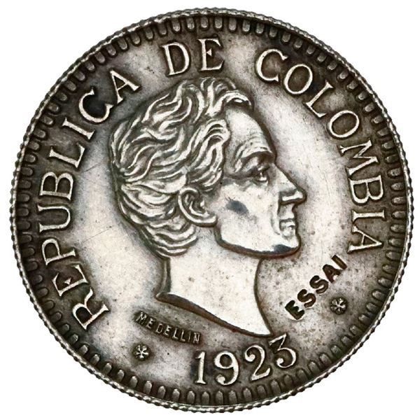 Silver specimen pattern (essai) struck in France for Medellin, Colombia, gold 2-1/2 pesos, 1923, ree