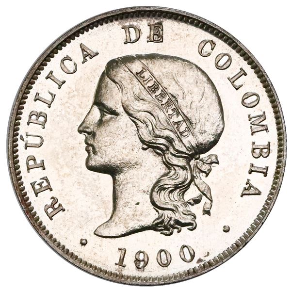 Silver proof pattern struck at the Heaton Mint (England) for Bogota, Colombia, 50 centavos, 1900, pl