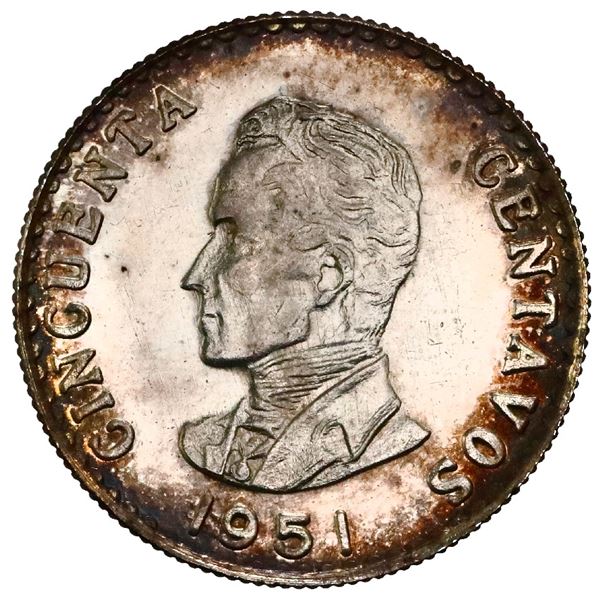 Silver specimen pattern for Bogota, Colombia, 50 centavos, 1951-B, reeded edge, rare, NGC SP 63, fin