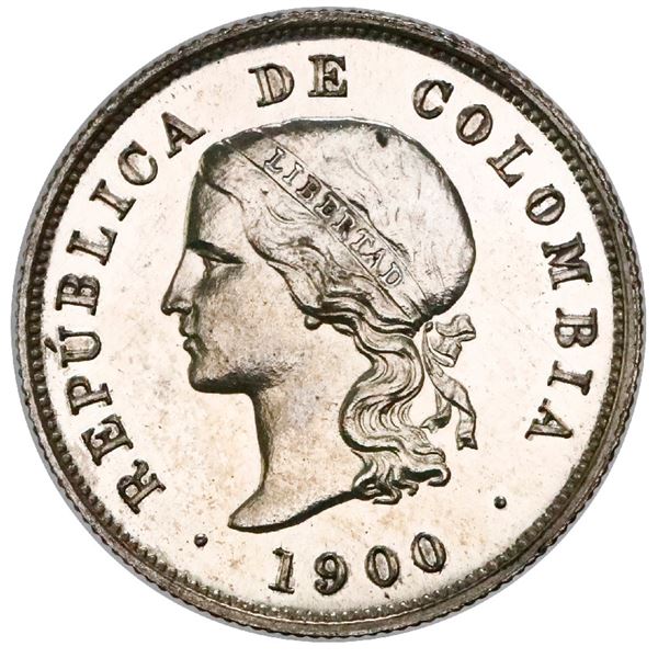 Silver proof pattern struck at the Heaton Mint (England) for Bogota, Colombia, 20 centavos, 1900, re