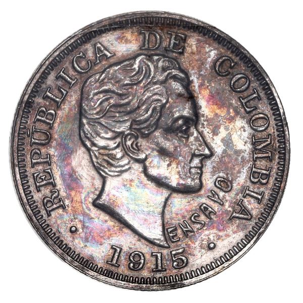 Medellin, Colombia, silver piefort pattern 20 centavos, 1915, with ENSAYO, reeded edge, rare, ex-Eld