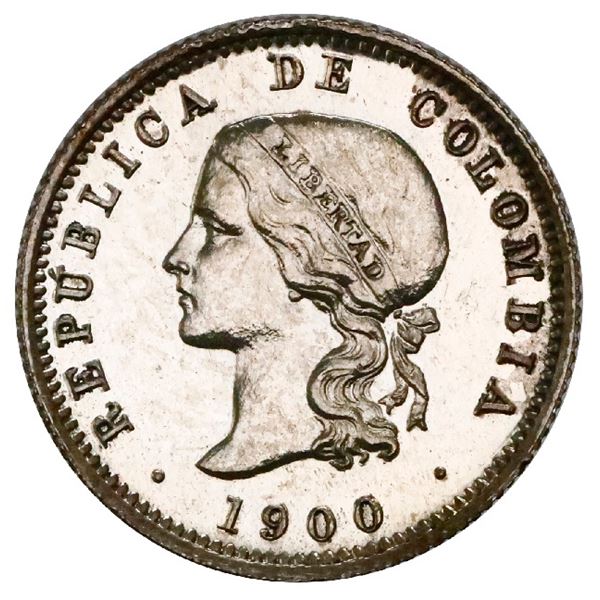 Silver proof pattern struck at the Heaton Mint (England) for Bogota, Colombia, 10 centavos, 1900, re