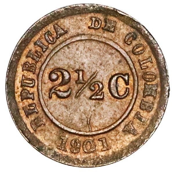 Bogota, bronze 2-1/2 centavos, 1901, Lazareto, extremely rare, NGC MS 63, finest and only example in