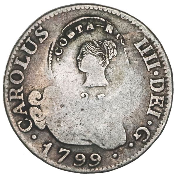 Costa Rica, 2 reales, female head / ceiba tree double countermark (Type III, 1845) on a Madrid, Spai
