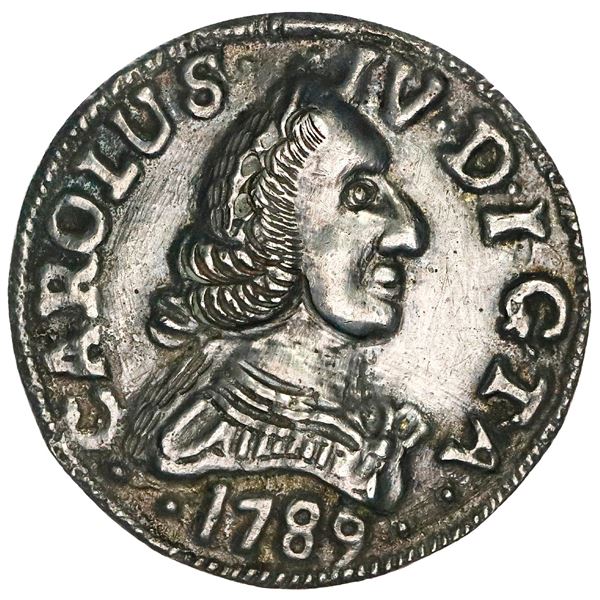 Guanabacoa, Cuba, cast silver 4 reales-sized proclamation medal, Charles IV, 1789, Miguel Nunes, ver