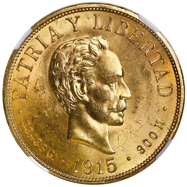 Cuba (struck at the Philadelphia mint), gold 20 pesos, 1916, Jose Marti, NGC MS 63.