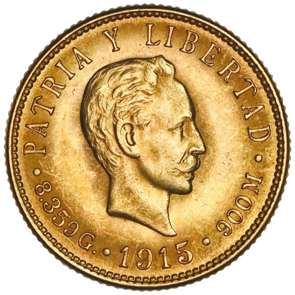 Cuba (struck at the Philadelphia Mint), gold 5 pesos, 1915, Jose Marti, NGC MS 63.