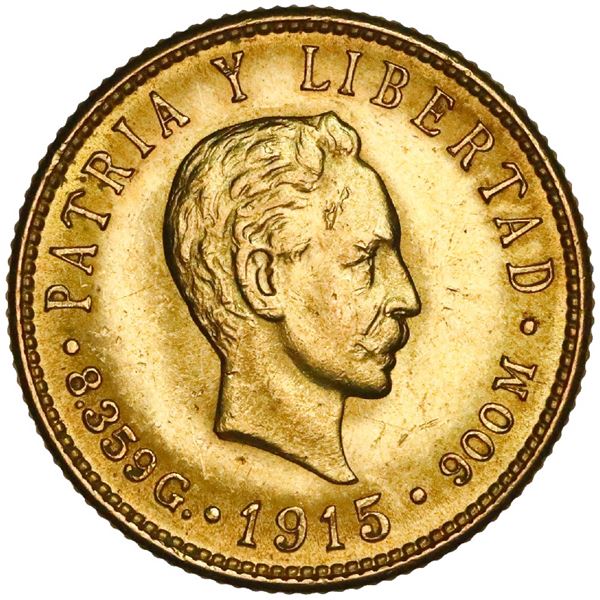 Cuba (struck at the Philadelphia Mint), gold 5 pesos, 1915, Jose Marti, NGC MS 62+.