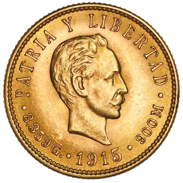 Cuba (struck at the Philadelphia Mint), gold 5 pesos, 1915, Jose Marti, NGC MS 61.