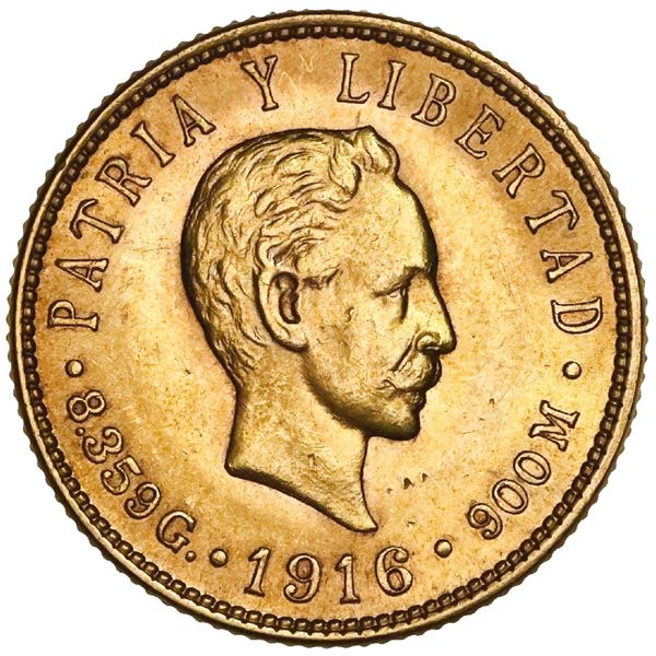 Cuba (struck at the Philadelphia Mint), gold 5 pesos, 1916, Jose Marti, NGC MS 62.