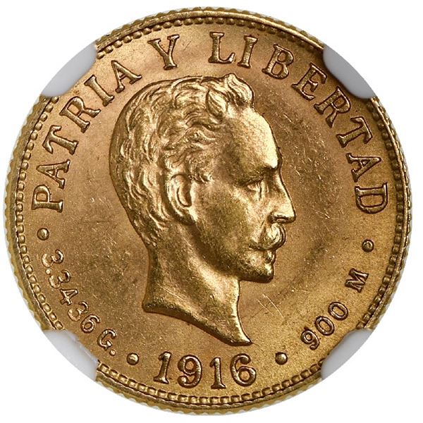 Cuba (struck at the Philadelphia mint), gold 2 pesos, 1916, Jose Marti, NGC MS 63.