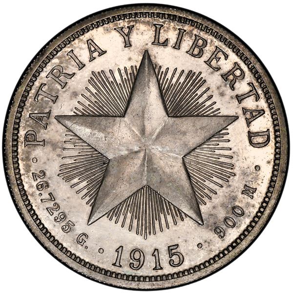 Cuba (struck at the Philadelphia mint), proof 1 peso, 1915, high relief star, rare, PCGS PR62.