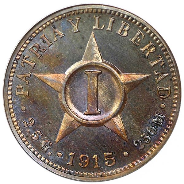 Cuba, proof copper-nickel 1 centavo, 1915, NGC PF 65.