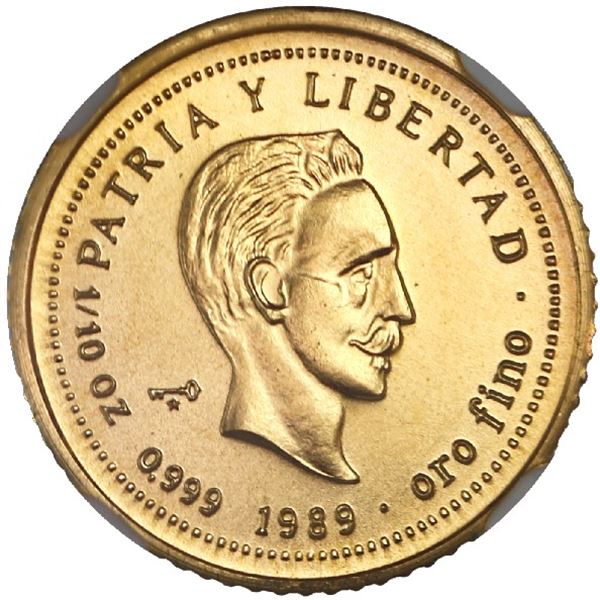 Cuba, gold 10 pesos, 1989, Jose Marti, NGC MS 69 ("top pop").