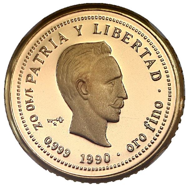 Cuba, gold proof piefort 10 pesos, 1990, Jose Marti, rare, NGC PF 69 Ultra Cameo.