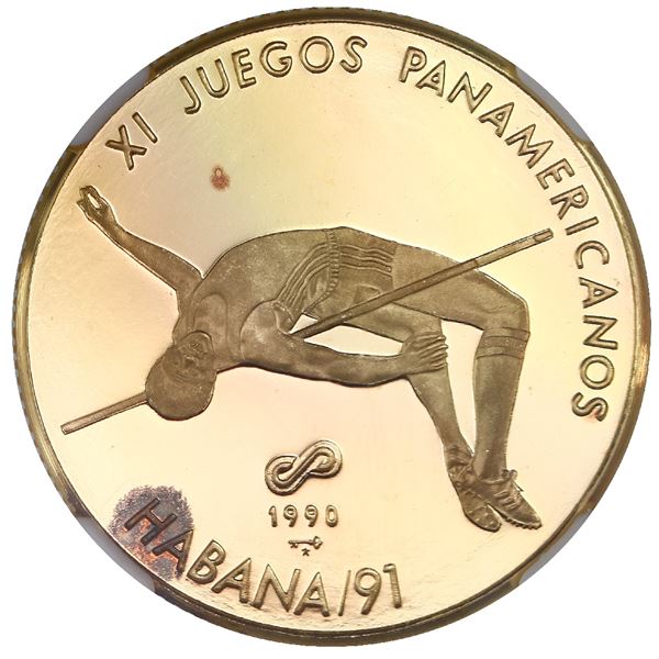 Cuba, gold proof 50 pesos, 1990, XI Pan-American games / high jump, NGC PF 67 Ultra Cameo, ex-Rudman