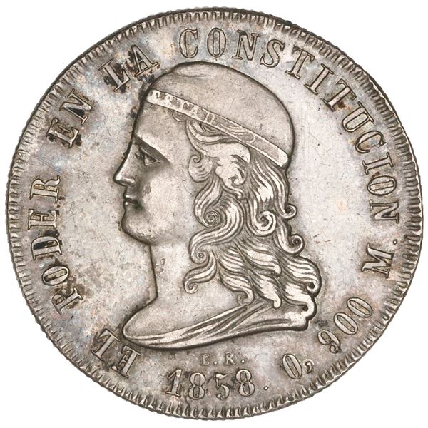 Quito, Ecuador, 5 francos, 1858GJ, NGC AU 55.