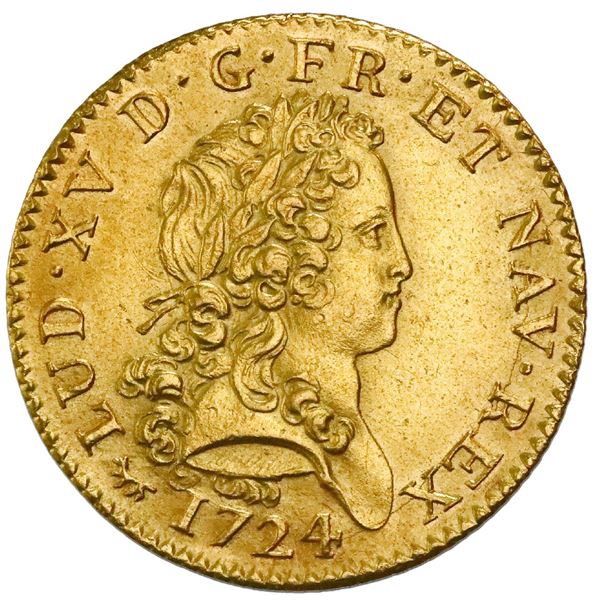 France (Paris Mint), double louis d'or, Louis XV, 1724-A, NGC AU details / saltwater damage.
