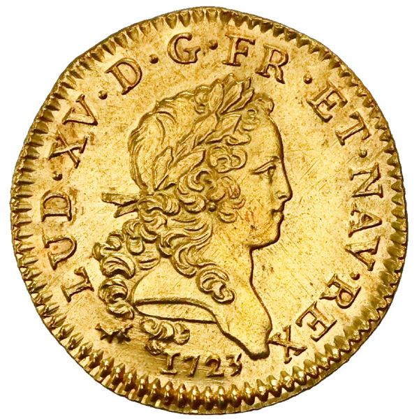 France (Paris Mint), louis d'or, Louis XV, 1723-A, palm-branch type, NGC UNC details / saltwater dam