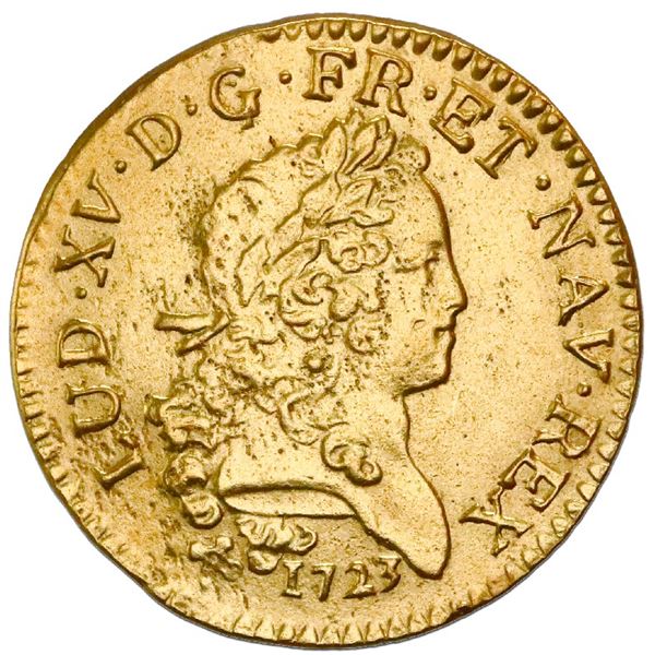 France (Troyes Mint), louis d'or, Louis XV, 1723-V, palm-branch type, NGC AU details / saltwater dam