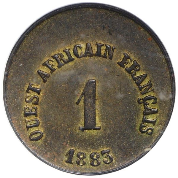 French West Africa (struck at the Paris mint), brass token 1 unit (5 francs), 1883, rare, PCGS MS63,