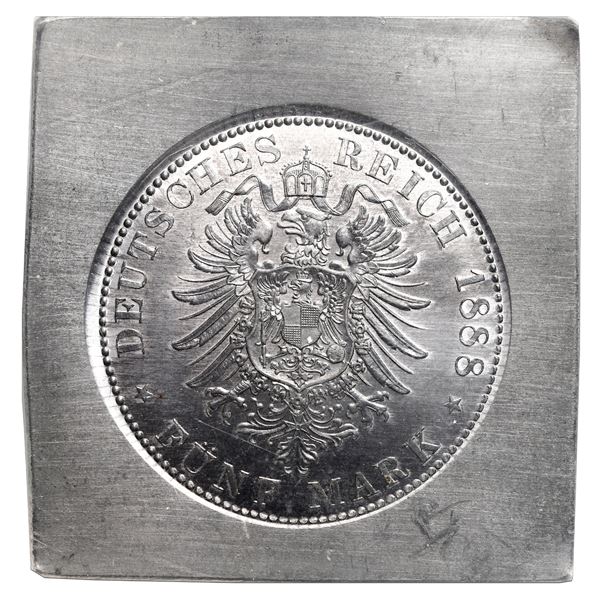 Prussia (German States), lead klippe 5 mark reverse trial, 1888, by Otto Schulz, NGC MS 64.