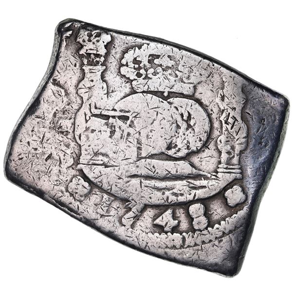 Guatemala, cob 8 reales, 1748J, rare, with sun-over-mountains countermark (Type II, 1839) on shield 