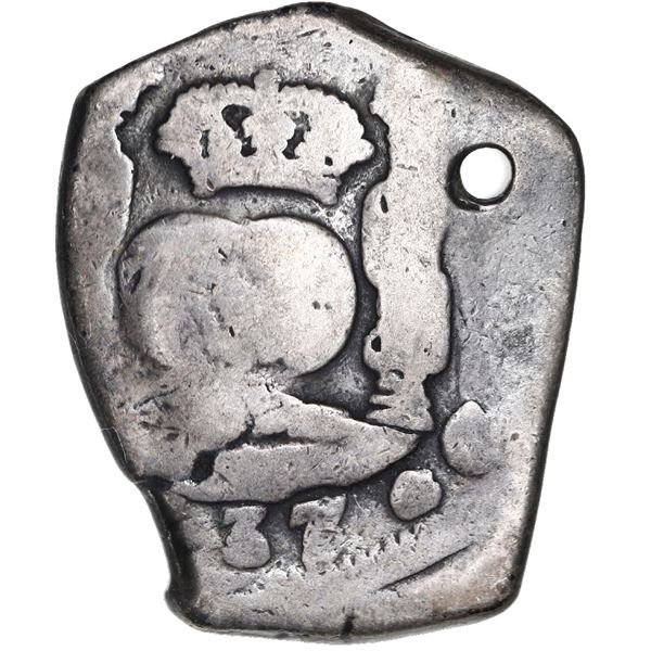 Guatemala, cob 4 reales, (17)37/6J, rare, with sun-over-mountains countermark (Type II, 1839) on shi