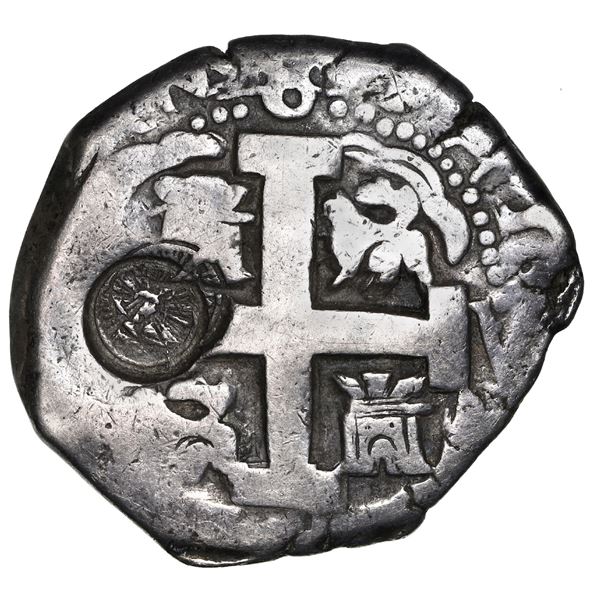 Guatemala, 8 reales, sun-over-mountains countermark (Type II, 1843) on a Lima, Peru, cob 8 reales, 1