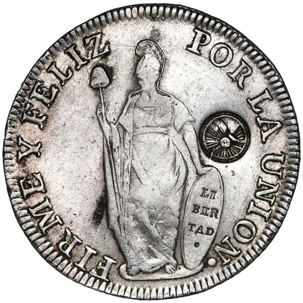 Guatemala, 8 reales, Type III double countermark (1840) on a Lima, Peru, 8 reales, 1834MM.