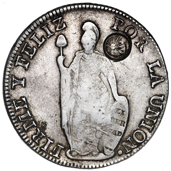 Guatemala, 8 reales, Type III double countermark (1840) on a Lima, Peru, 8 reales, 1841MM.