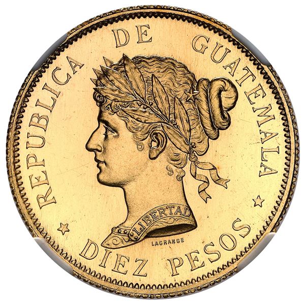 Guatemala (struck at the Paris mint), gold proof 10 pesos essai, 1894-A, NGC PF 64, finest known, ex