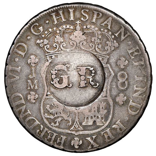 Jamaica (British administration), 6 shillings 8 pence, "GR" double countermark (1758) on a Lima, Per