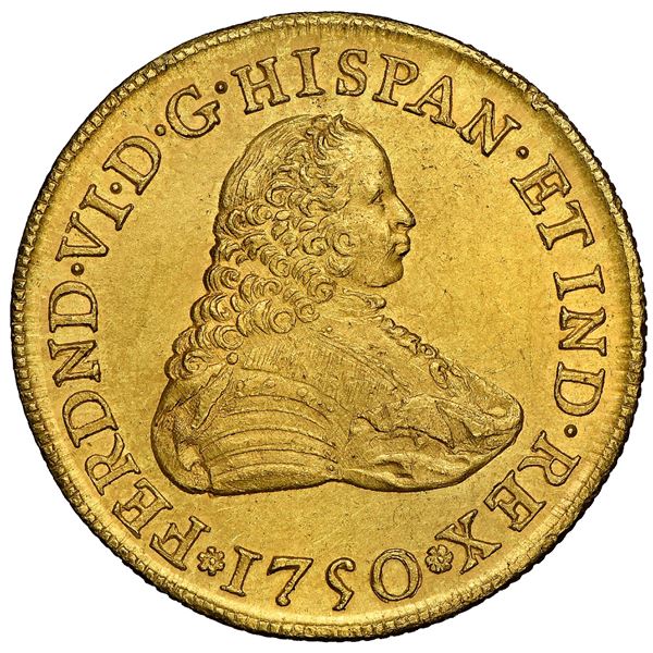 Mexico City, Mexico, gold bust 8 escudos, Ferdinand VI, 1750MF, NGC MS 62, finest known in NGC censu