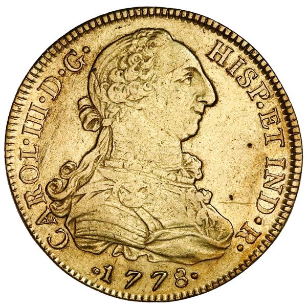 Mexico City, Mexico, gold bust 8 escudos, Charles III, 1778FF, NGC AU details / cleaned.