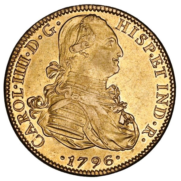 Mexico City, Mexico, gold bust 8 escudos, Charles IV, 1796FM, NGC AU 55.