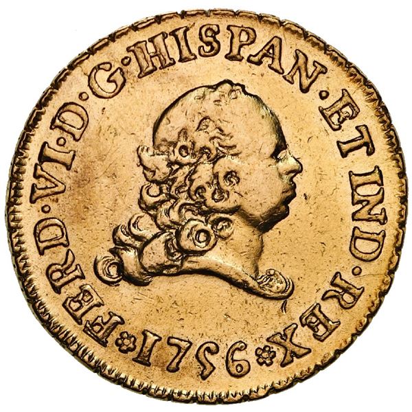 Mexico City, Mexico, gold bust 2 escudos, Ferdinand VI, 1756MM.