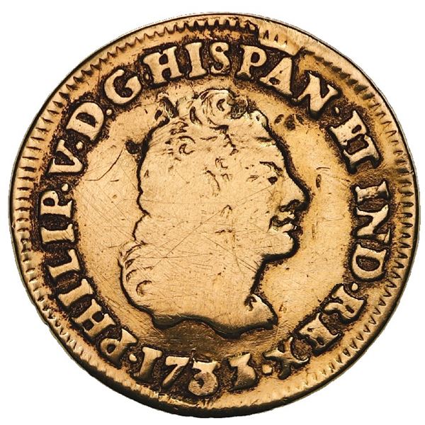 Mexico City, Mexico, gold bust 1 escudo, Philip V, 1733/2F, very rare.