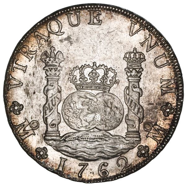 Mexico City, Mexico, pillar 8 reales, Charles III, 1762MM, cross between H and I, UNC details / rev