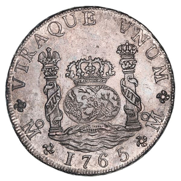 Mexico City, Mexico, pillar 8 reales, Charles III, 1765MF, double-arc crown (rare).