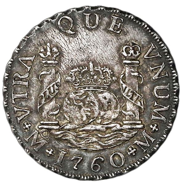 Mexico City, Mexico, pillar 2 reales, Charles III, 1760M, A over inverted A in king's name (very rar