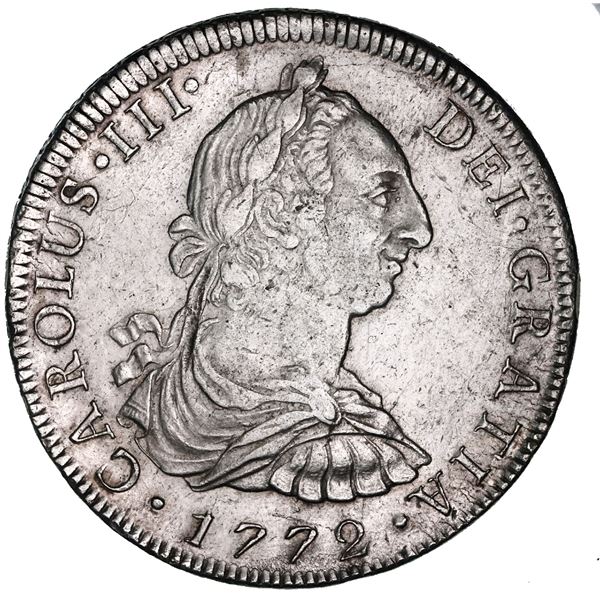 Mexico City, Mexico, bust 8 reales, Charles III, 1772FM, initials facing rim.
