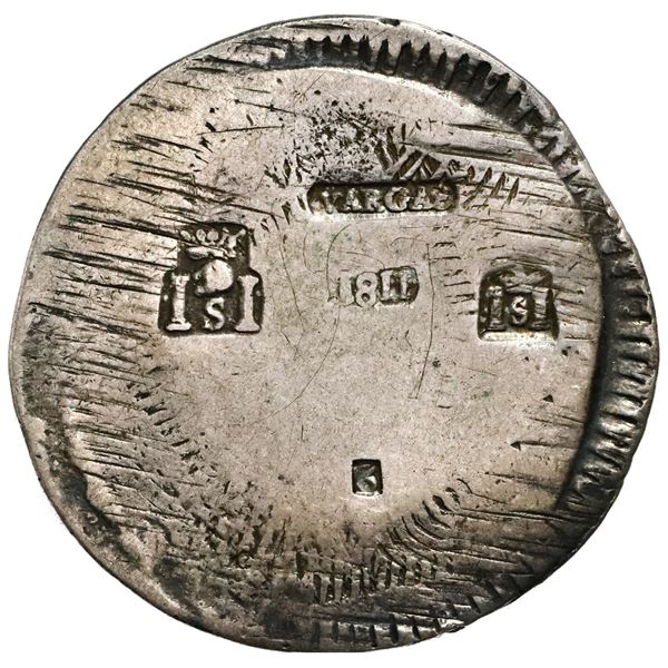 Sombrerete, Mexico, 8 reales, Ferdinand VII, 1811, issued under General Vargas, countermarked type,