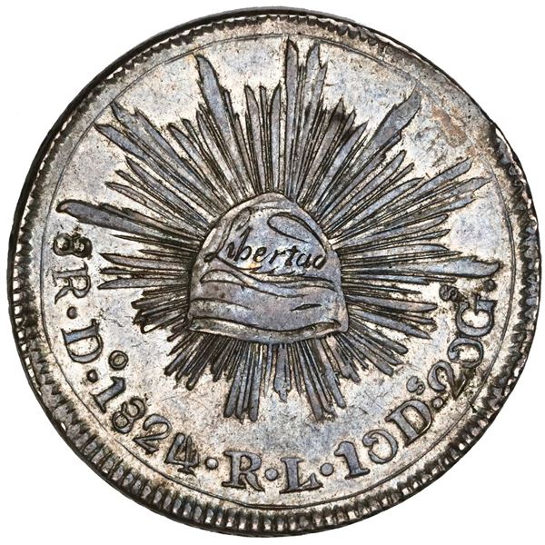 Durango, Mexico, "hookneck" 8 reales, 1824RL, folded snake, small Libertad, NGC AU 58, finest known 
