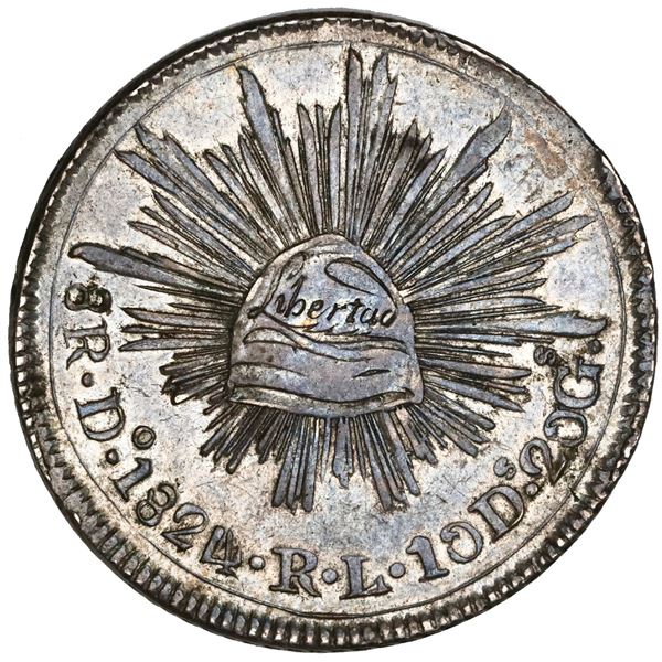 Durango, Mexico, "hookneck" 8 reales, 1824RL, folded snake, small Libertad, NGC AU 58, finest known 